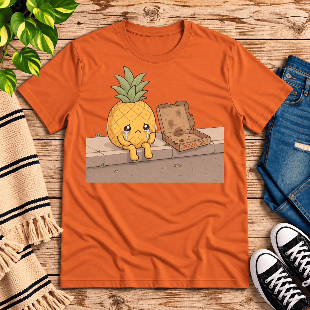 Pineapple Pizza funny food graphic t-shirt cozy flat lay in burnt orange.