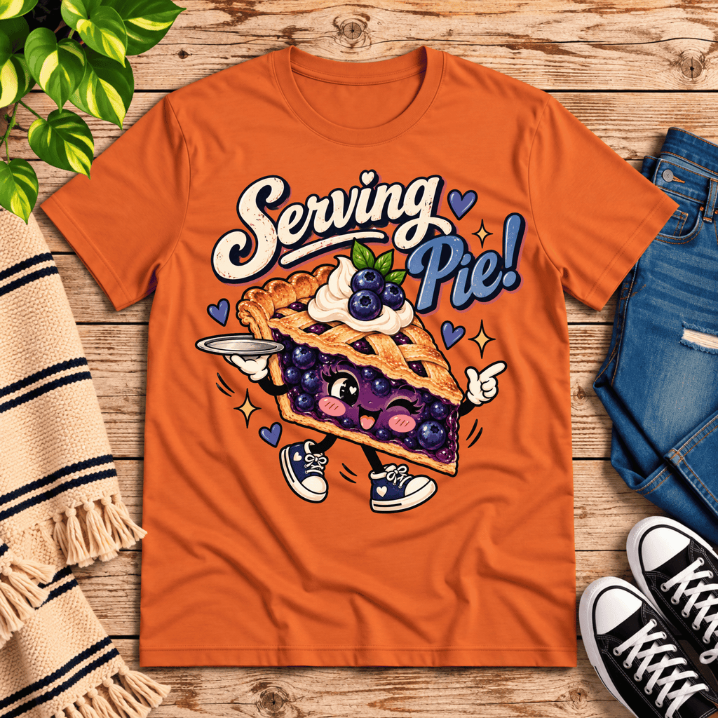 Serving Pie retro food graphic t-shirt cozy flat lay in burnt orange.