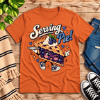 Serving Pie retro food graphic t-shirt cozy flat lay in burnt orange.