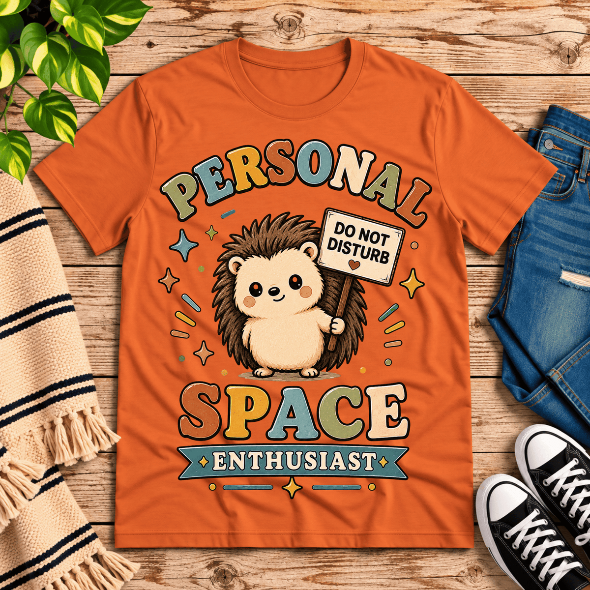 Personal Space Enthusiast cute animal graphic t-shirt cozy flat lay in burnt orange.