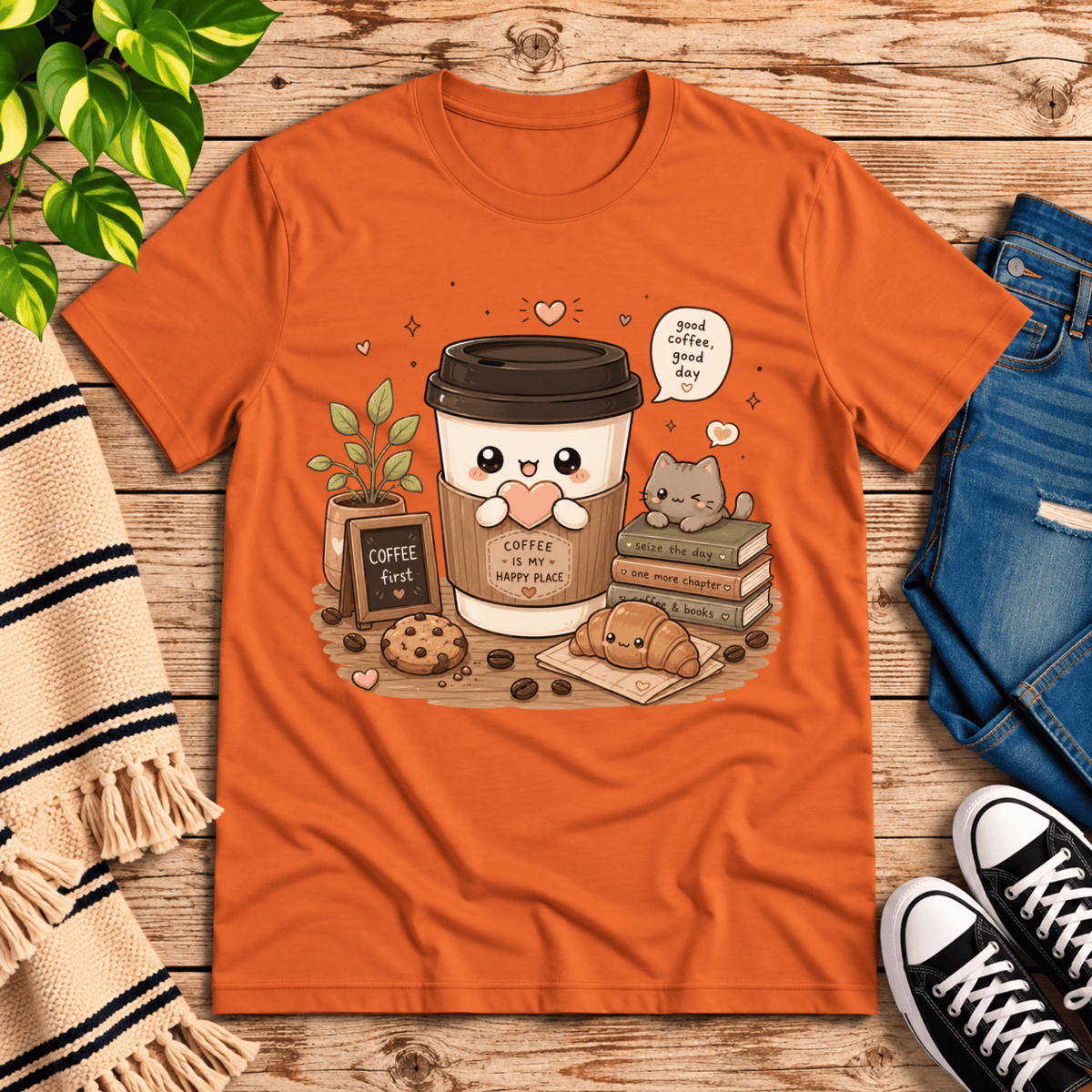Good Coffee graphic t-shirt cozy flat lay in burnt orange.