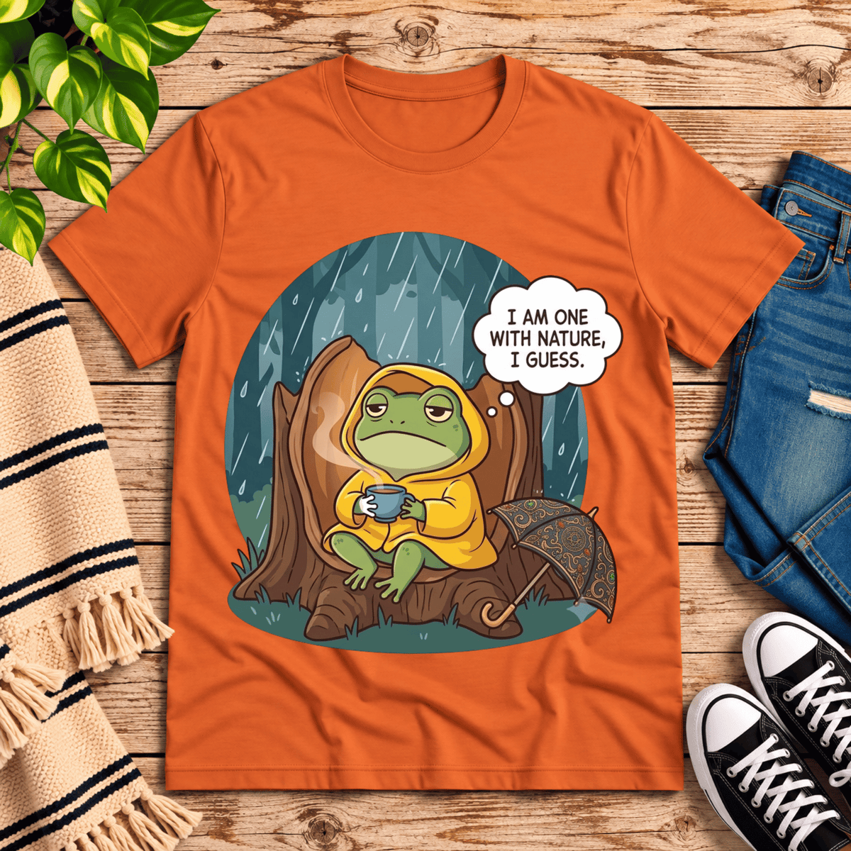 I Am One With Nature cute nature graphic t-shirt cozy flat lay in burnt orange.