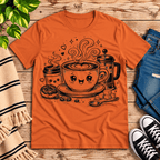 Happy Coffee cute kawaii graphic t-shirt cozy flat lay in burnt orange.