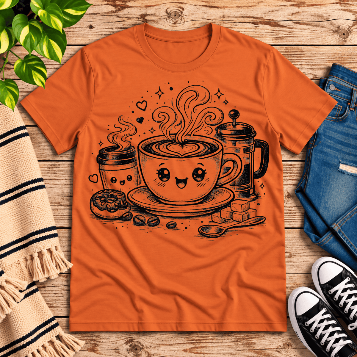 Happy Coffee cute kawaii graphic t-shirt cozy flat lay in burnt orange.