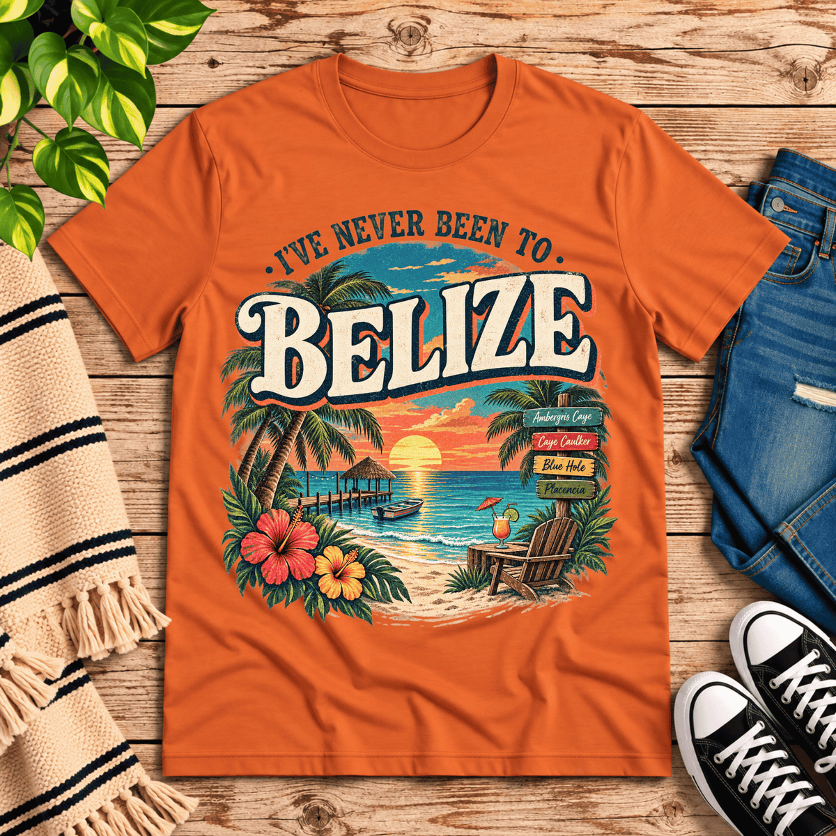 Belize funny introvert graphic t-shirt cozy flat lay in burnt orange.