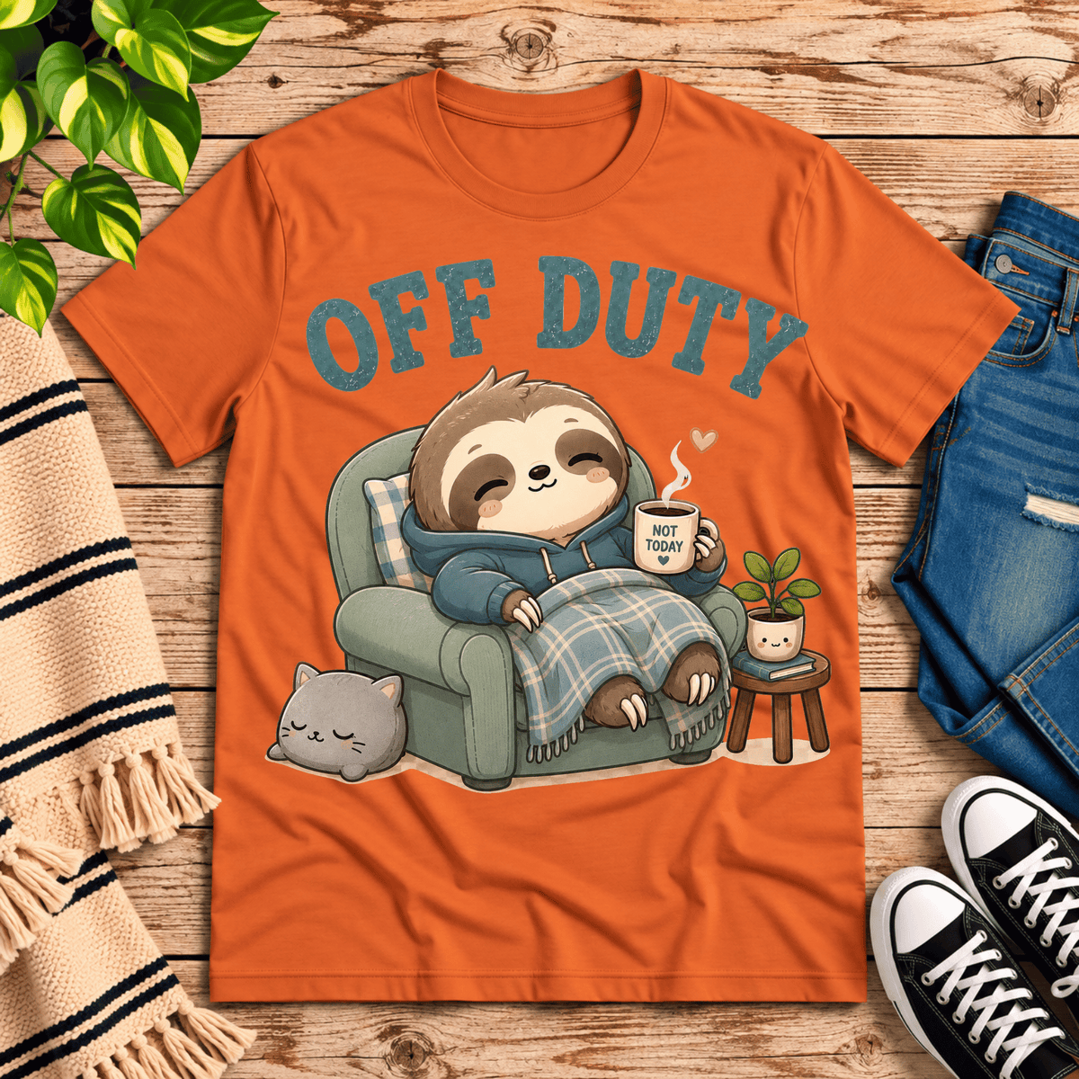 Off Duty cute animal graphic t-shirt cozy flat lay in burnt orange.