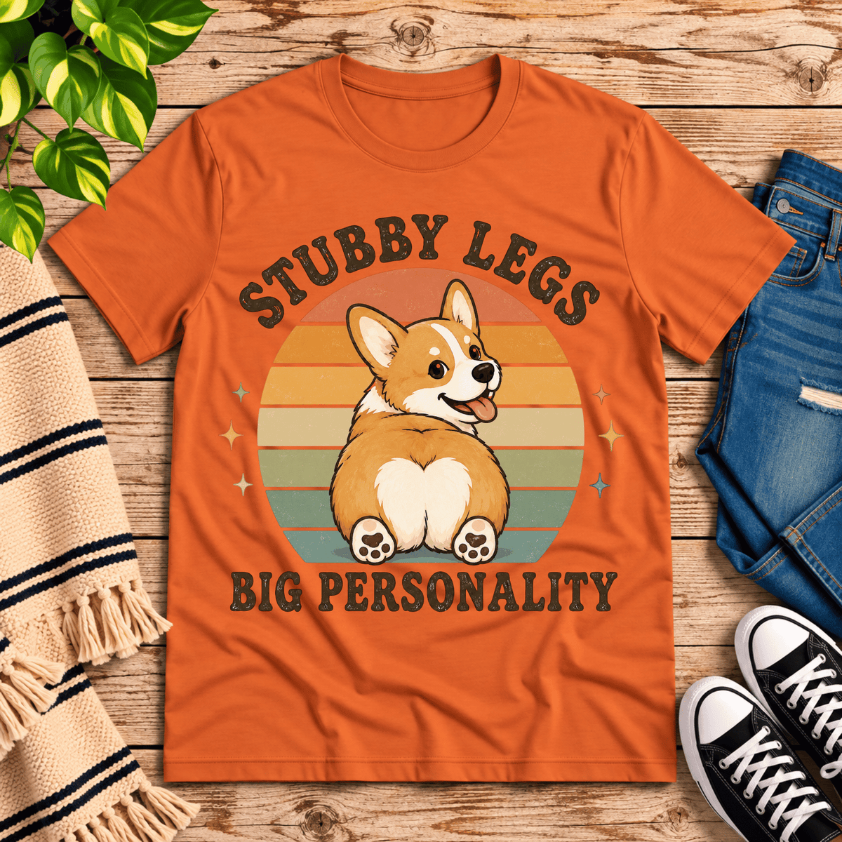 Stubby Legs cute animal graphic t-shirt cozy flat lay in burnt orange.