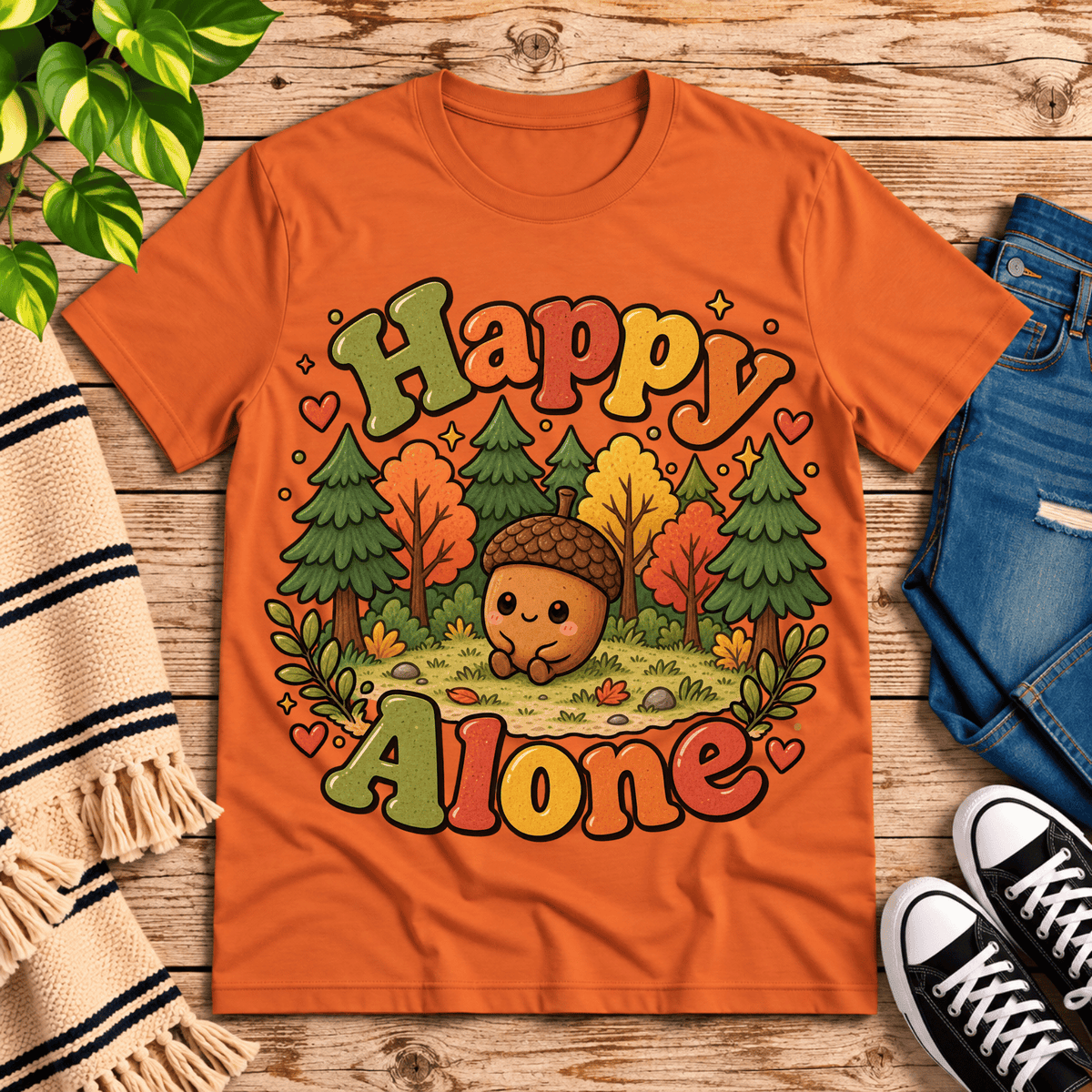 Happy Alone cute nature graphic t-shirt cozy flat lay in burnt orange.