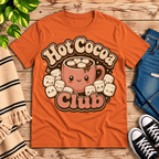 Hot Cocoa Club cute coffee graphic t-shirt cozy flat lay in burnt orange.