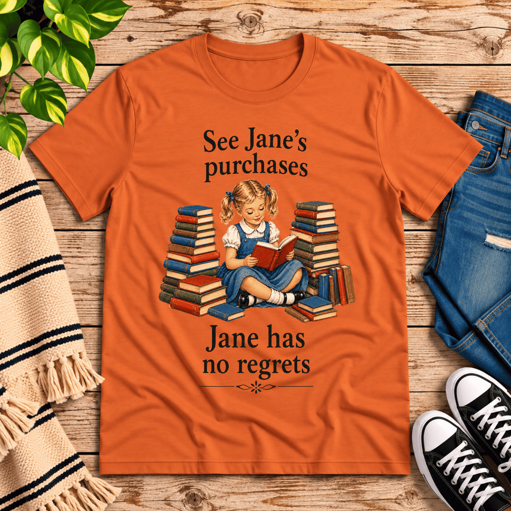 See Jane's Purchases vintage book graphic t-shirt cozy flat lay in burnt orange.