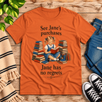 See Jane's Purchases vintage book graphic t-shirt cozy flat lay in burnt orange.