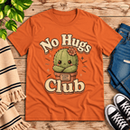 No Hugs Club funny cactus graphic t-shirt cozy flat lay in burnt orange.