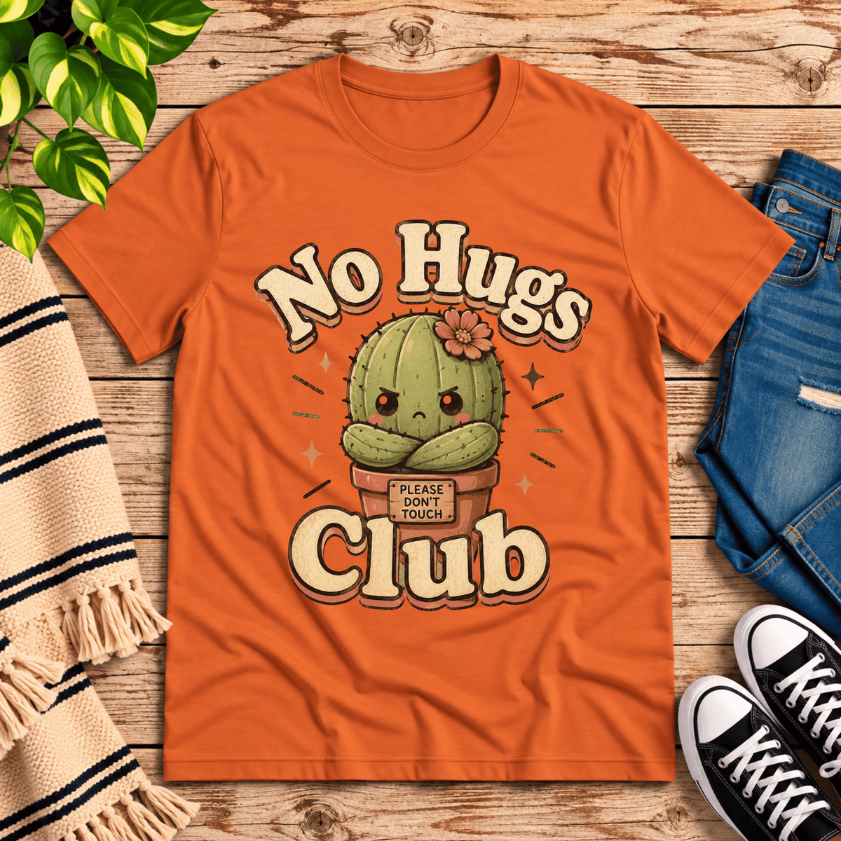 No Hugs Club funny cactus graphic t-shirt cozy flat lay in burnt orange.
