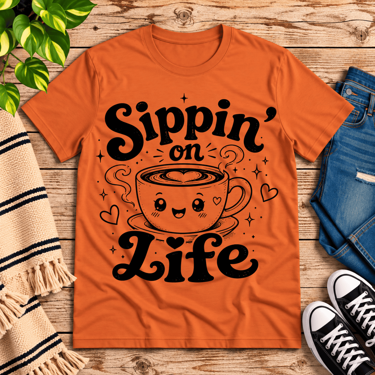 Sippin' on Life cute coffee graphic t-shirt cozy flat lay in burnt orange.