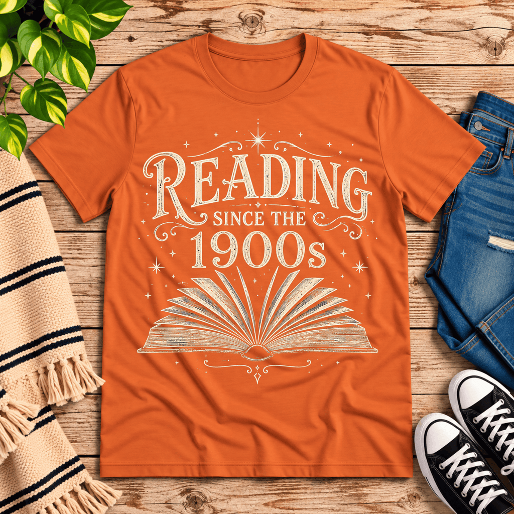 See Jane Read vintage book graphic t-shirt cozy flat lay in burnt orange.