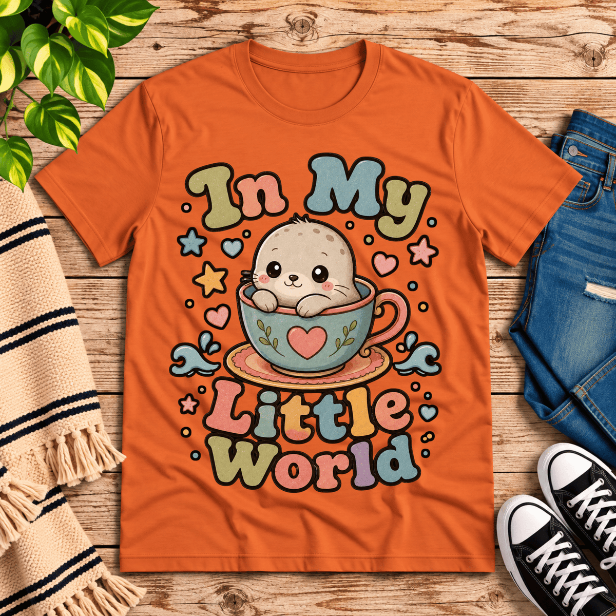 In My Little World cute animal graphic t-shirt cozy flat lay in burnt orange.