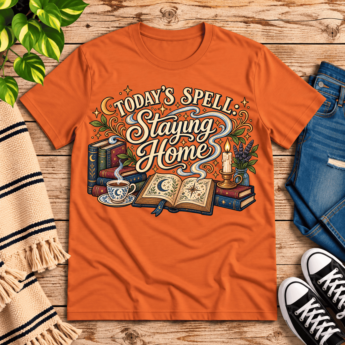 Today's Spell celestial witchy graphic t-shirt cozy flat lay in burnt orange.