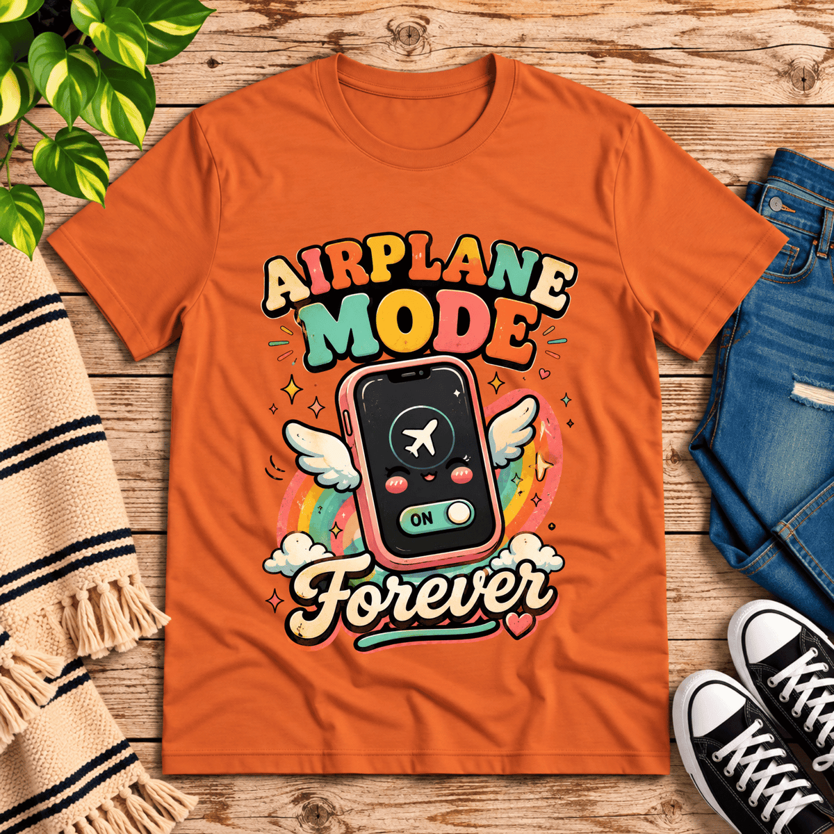 Airplane Mode funny introvert graphic t-shirt cozy flat lay in burnt orange.