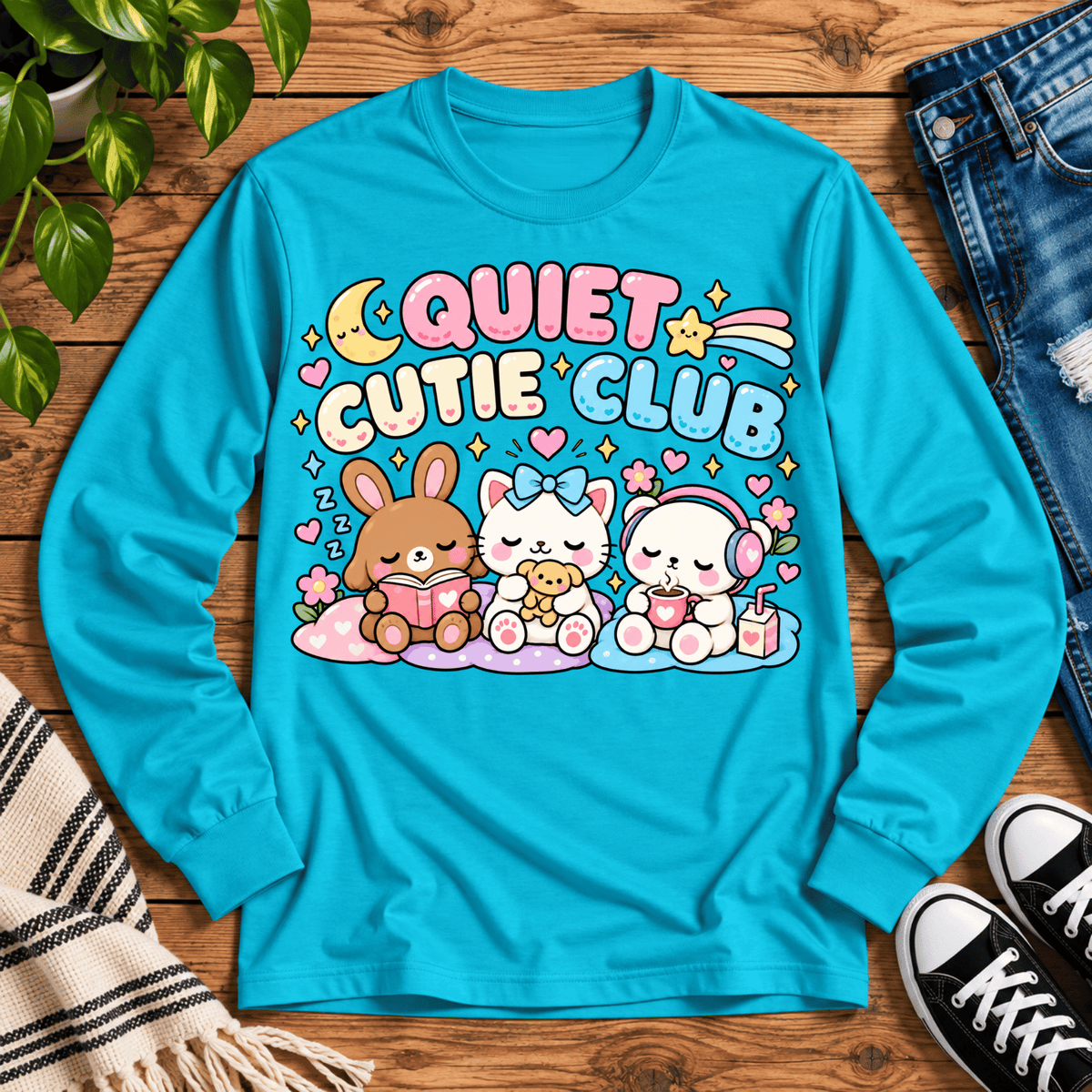 Quiet Cutie Club introvert graphic long sleeve cozy flat lay in california blue.