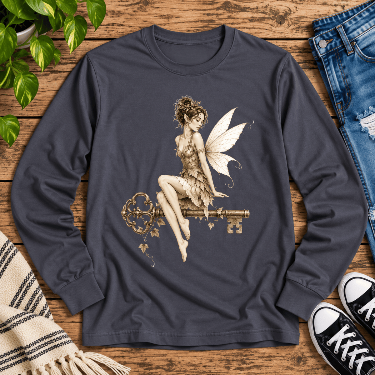 Fairy Key cute pinup graphic long sleeve t-shirt cozy flat lay in charcoal grey.