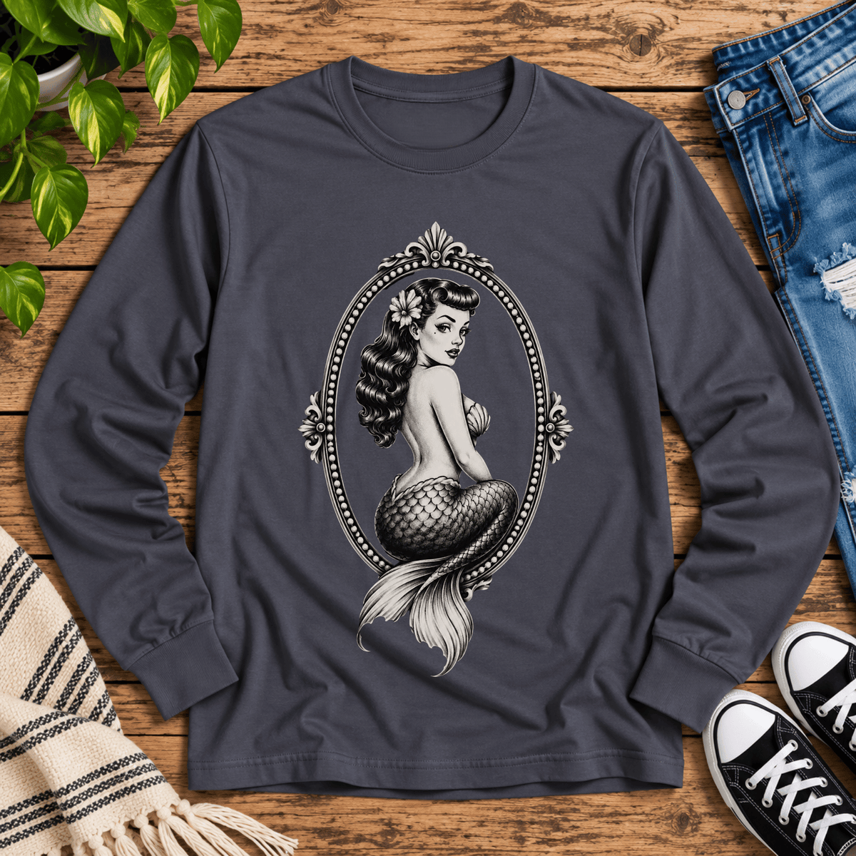 Mermaid Cameo vintage pinup graphic long sleeve t-shirt cozy flat lay in charcoal grey.