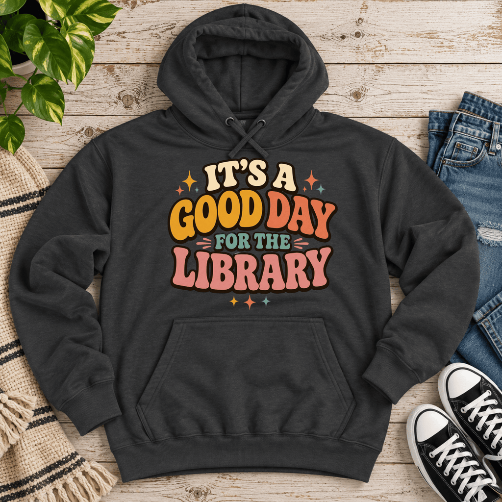 It's A Good Day cute book graphic hoodie cozy flat lay in charcoal heather.