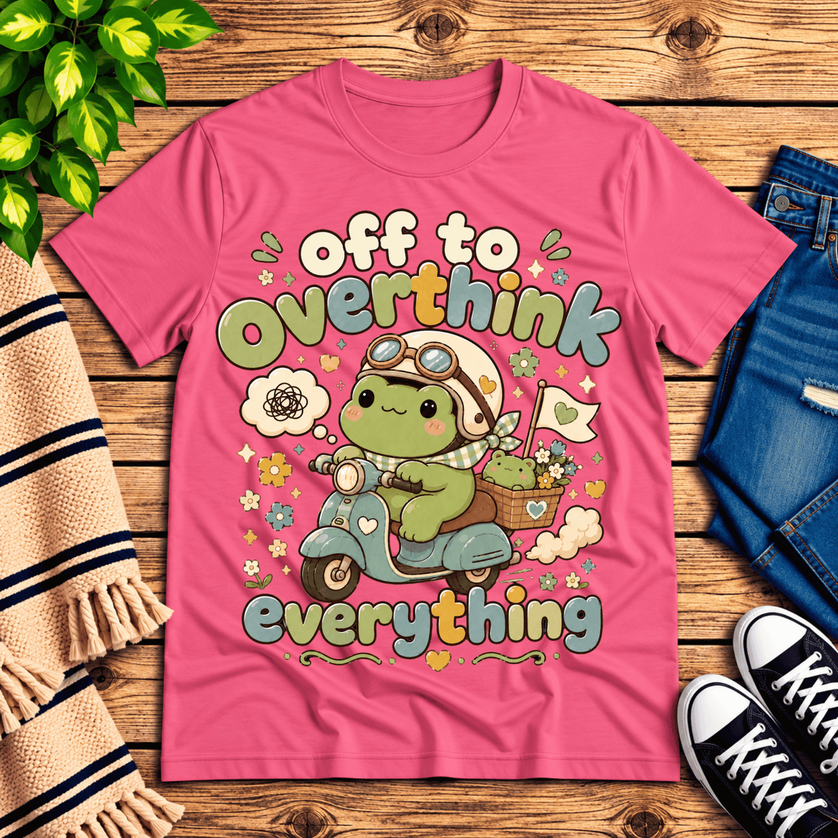 Overthink Frog cute animal graphic t-shirt cozy flat lay in charity pink.