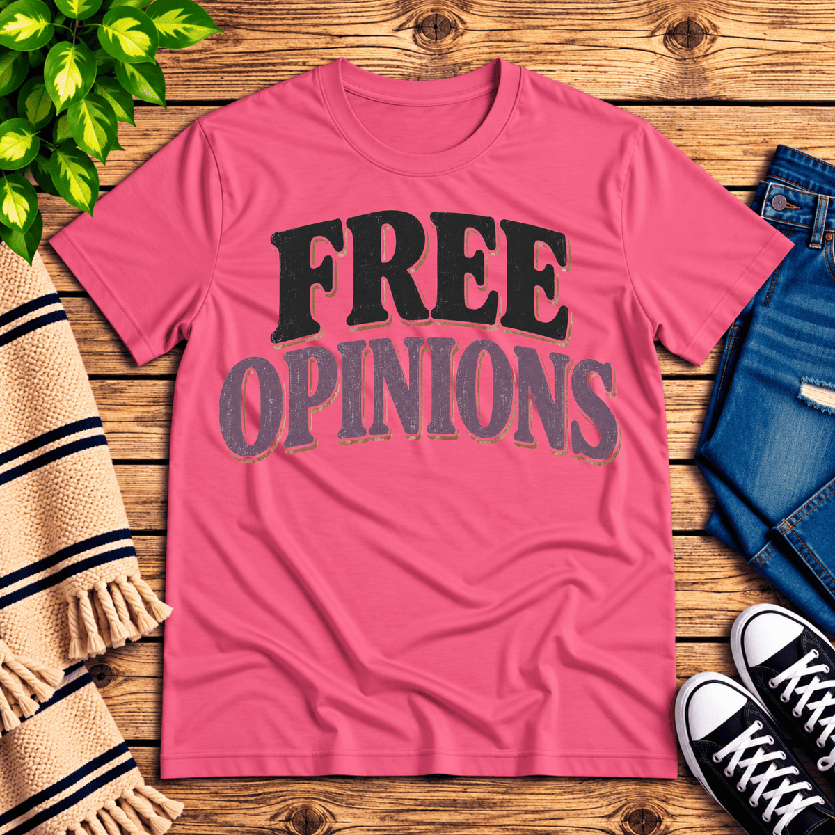 Free Opinions funny introvert graphic t-shirt cozy flat lay in charity pink.