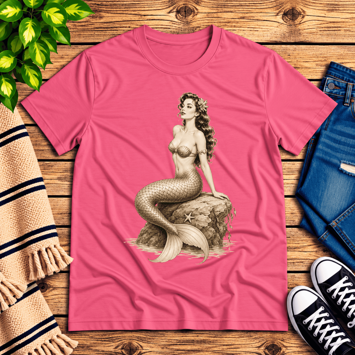 Beach Mermaid pinup graphic t-shirt cozy flat lay in charity pink.