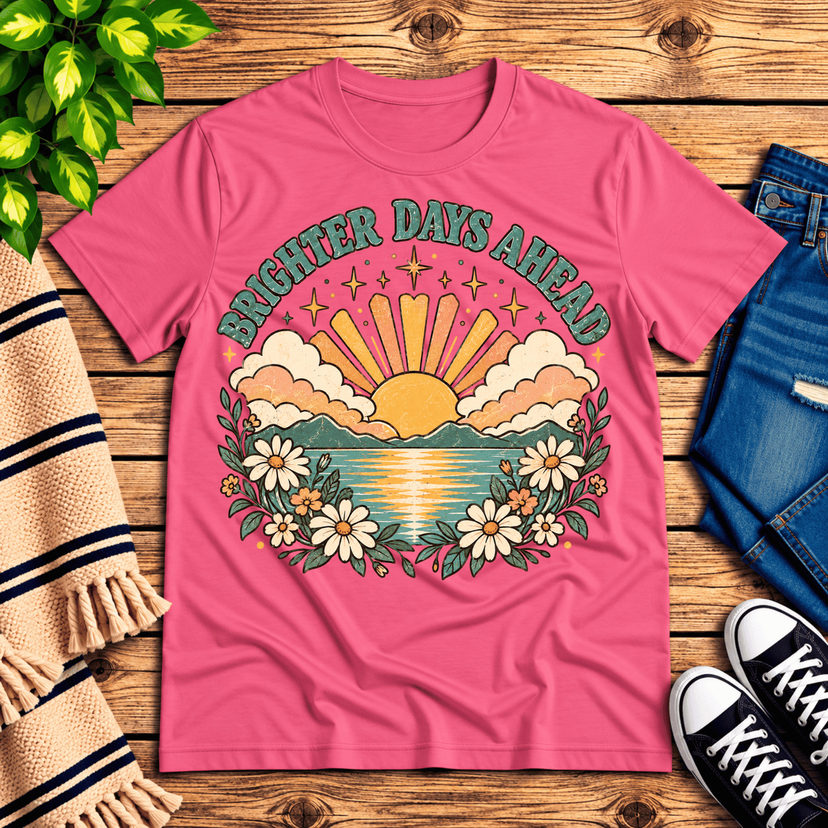 Brighter Days Ahead inspirational introvert graphic t-shirt cozy flat lay in charity pink.