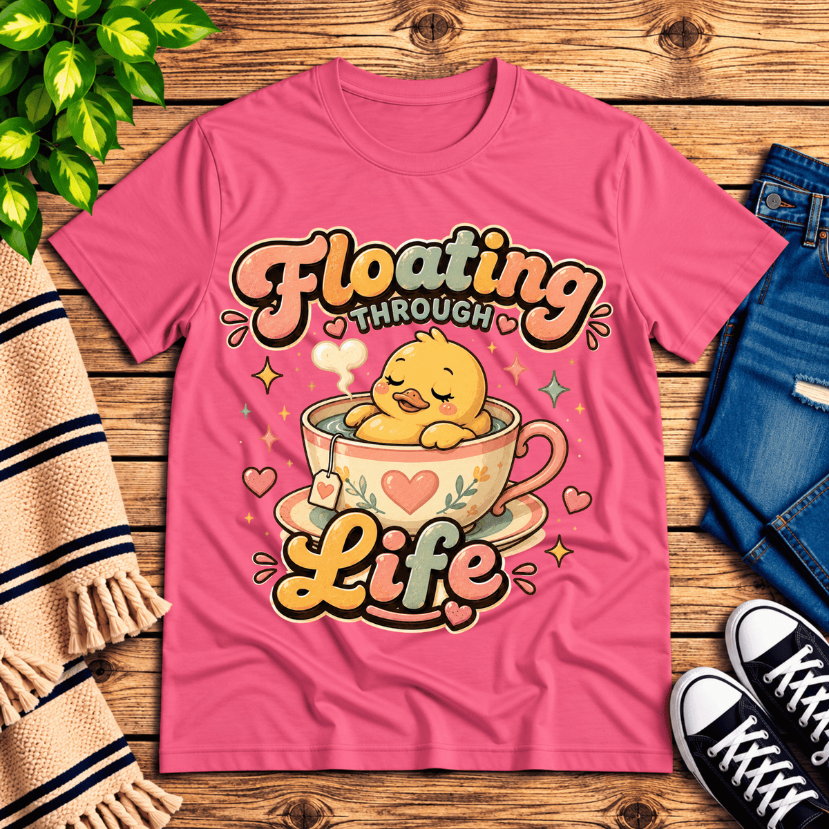 Floating Through Life cute animal graphic t-shirt cozy flat lay in charity pink.