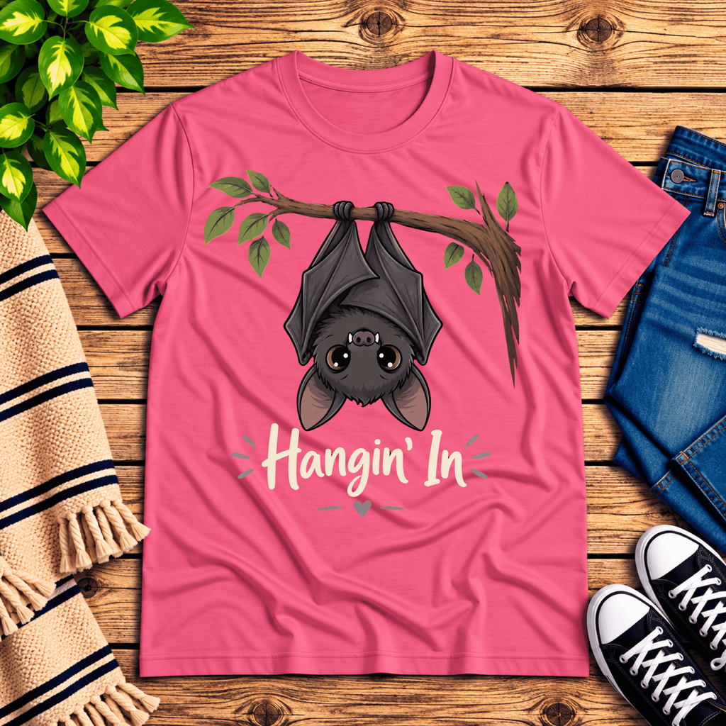 Hangin' In cute introvert graphic t-shirt cozy flat lay in charity pink.