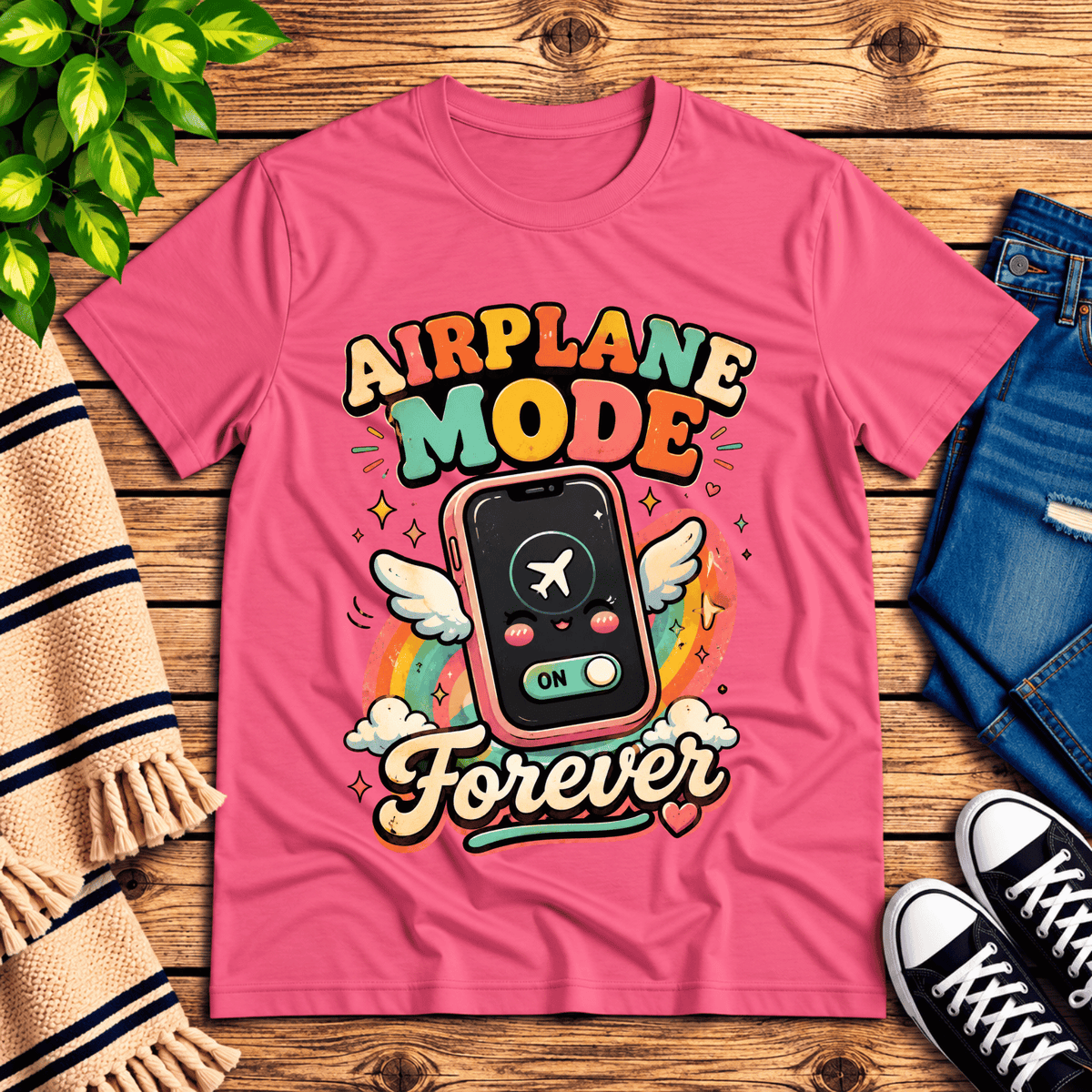 Airplane Mode funny introvert graphic t-shirt cozy flat lay in charity pink.