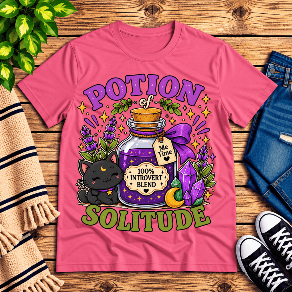 Potion Of Solitude cute celestial graphic t-shirt cozy flat lay in charity pink.