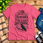 Bleak December book quote graphic t-shirt cozy flat lay in charity pink.