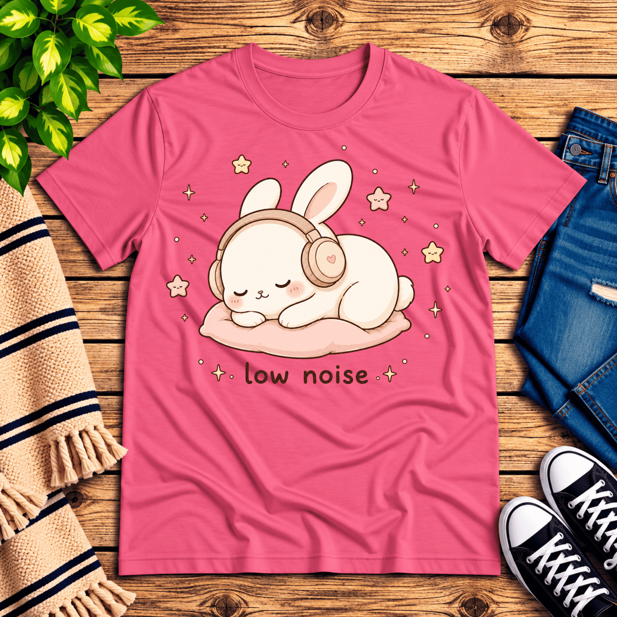 Low Noise Bunny cute animal graphic t-shirt cozy flat lay in charity pink.