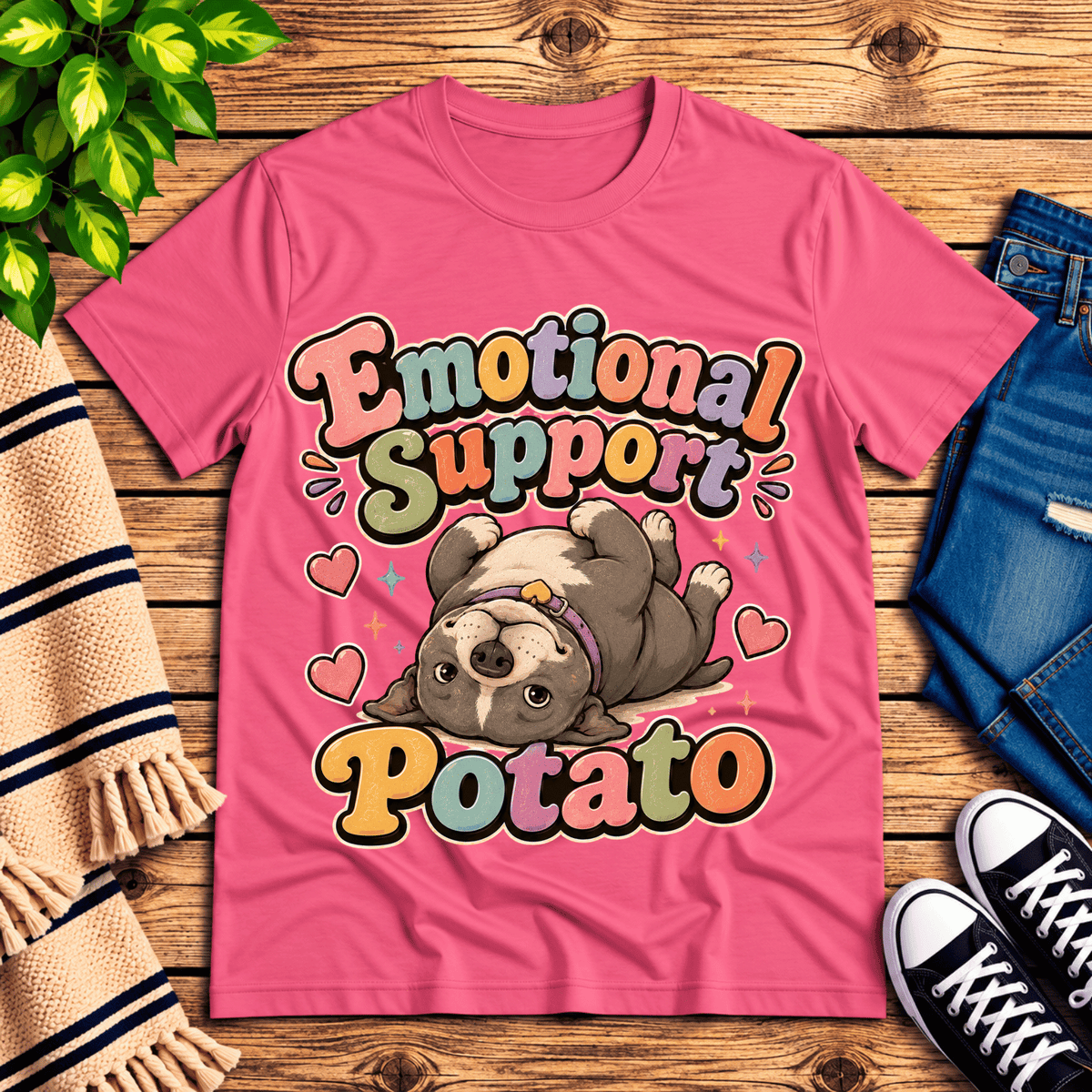 Emotional Support Potato cute animal graphic t-shirt cozy flat lay in charity pink.