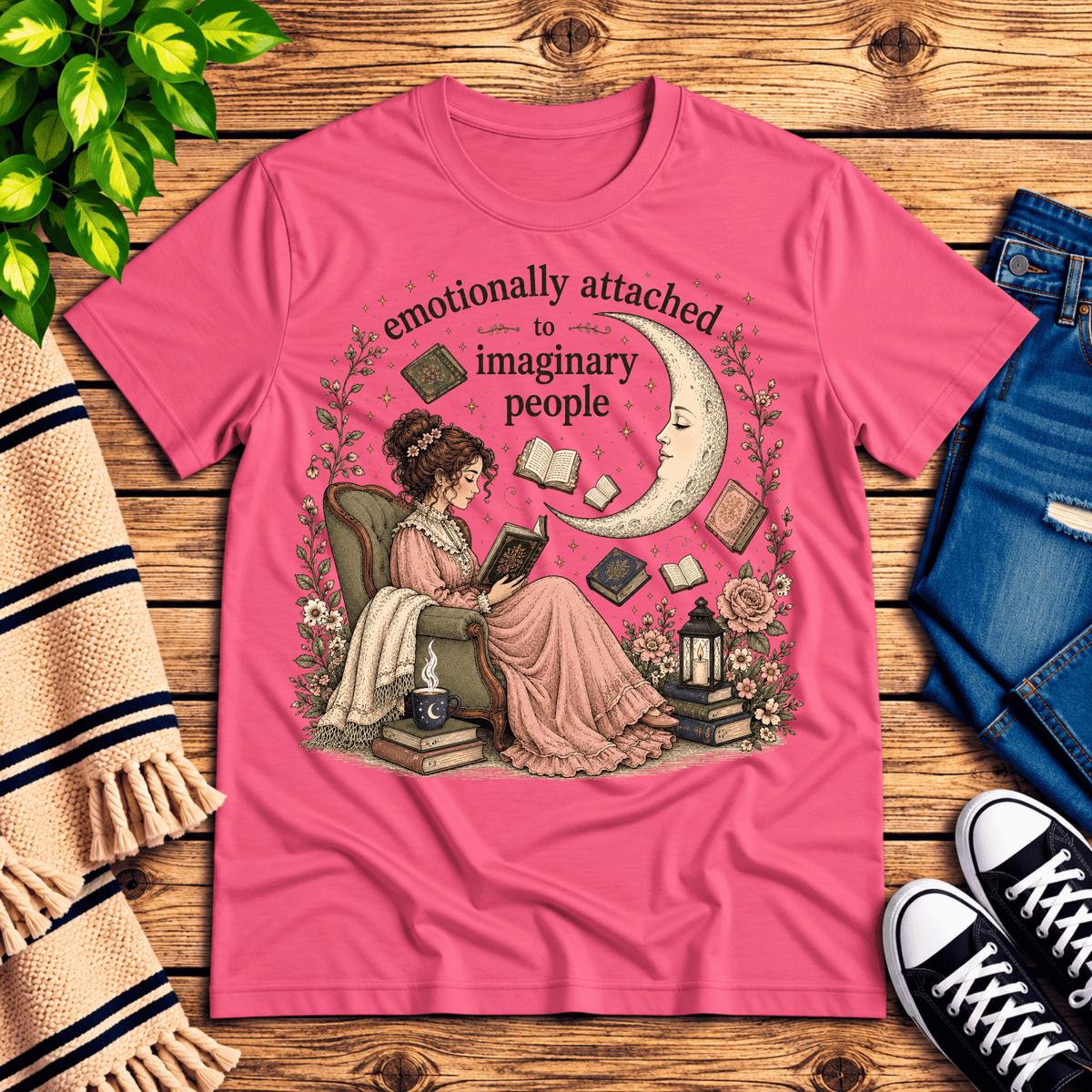 Imaginary People cute book graphic t-shirt cozy flat lay in charity pink.