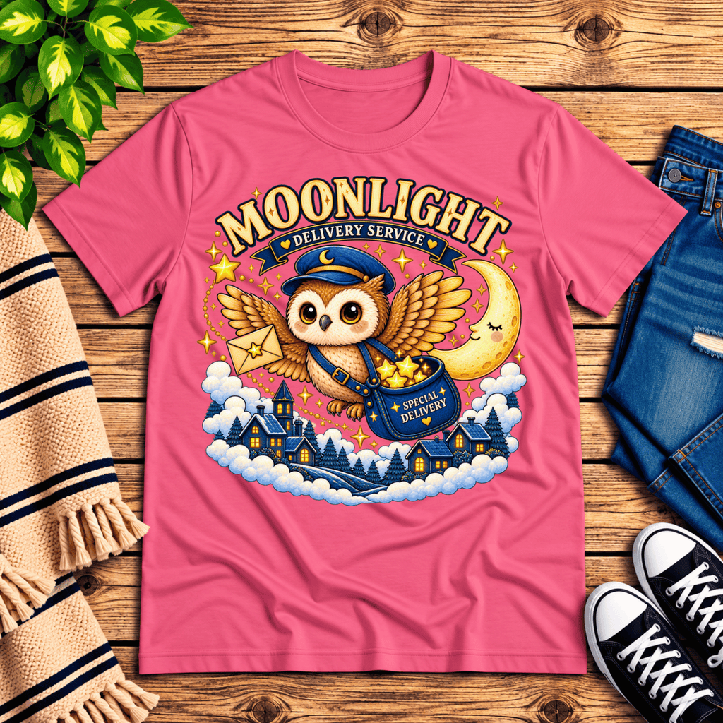 Moonlight Delivery cute animal graphic t-shirt cozy flat lay in charity pink.