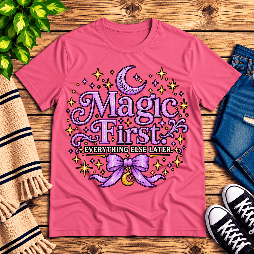 Magic First cute celestial graphic t-shirt cozy flat lay in charity pink.
