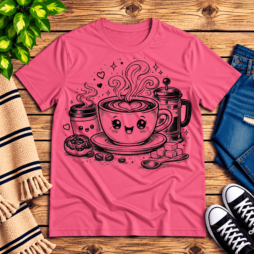 Happy Coffee cute kawaii graphic t-shirt cozy flat lay in charity pink.