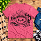 Happy Coffee cute kawaii graphic t-shirt cozy flat lay in charity pink.