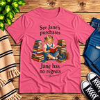 See Jane's Purchases vintage book graphic t-shirt cozy flat lay in charity pink.