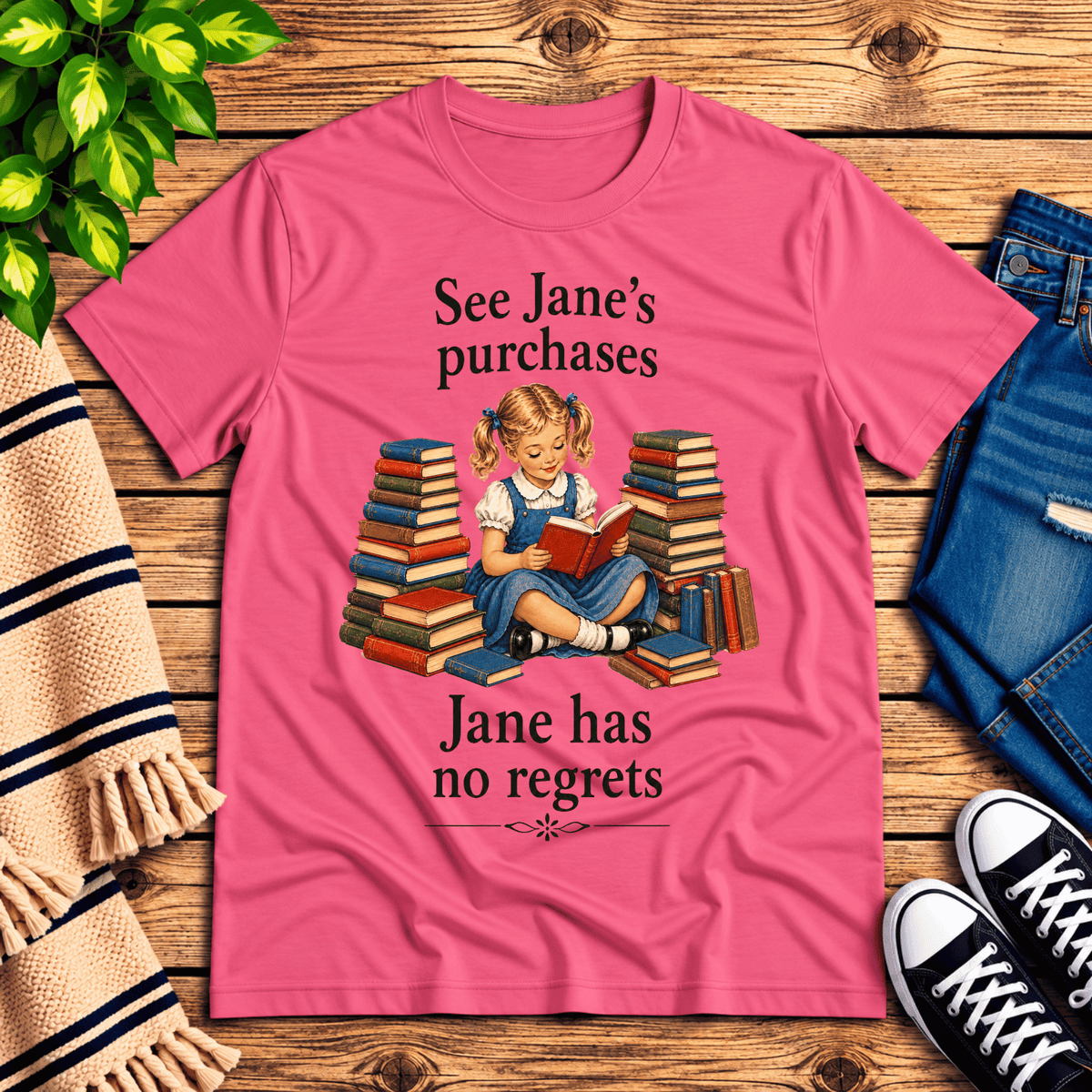 See Jane's Purchases vintage book graphic t-shirt cozy flat lay in charity pink.