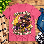 Moonlit & Unbothered cute witchy graphic t-shirt cozy flat lay in charity pink.