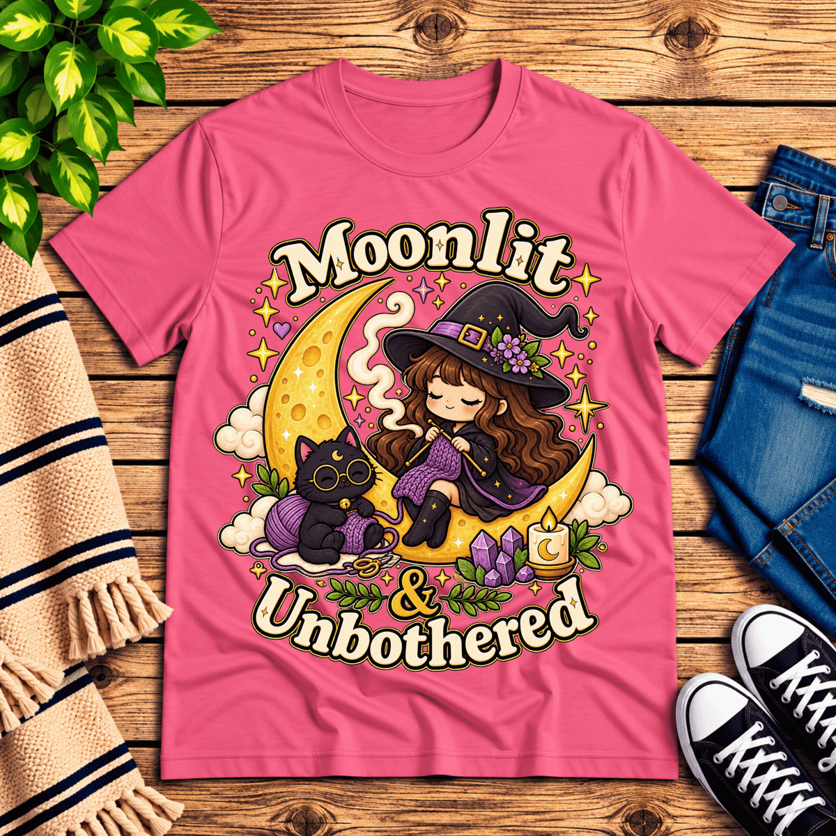 Moonlit & Unbothered cute witchy graphic t-shirt cozy flat lay in charity pink.
