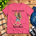 Read More vintage book graphic t-shirt cozy flat lay in charity pink.