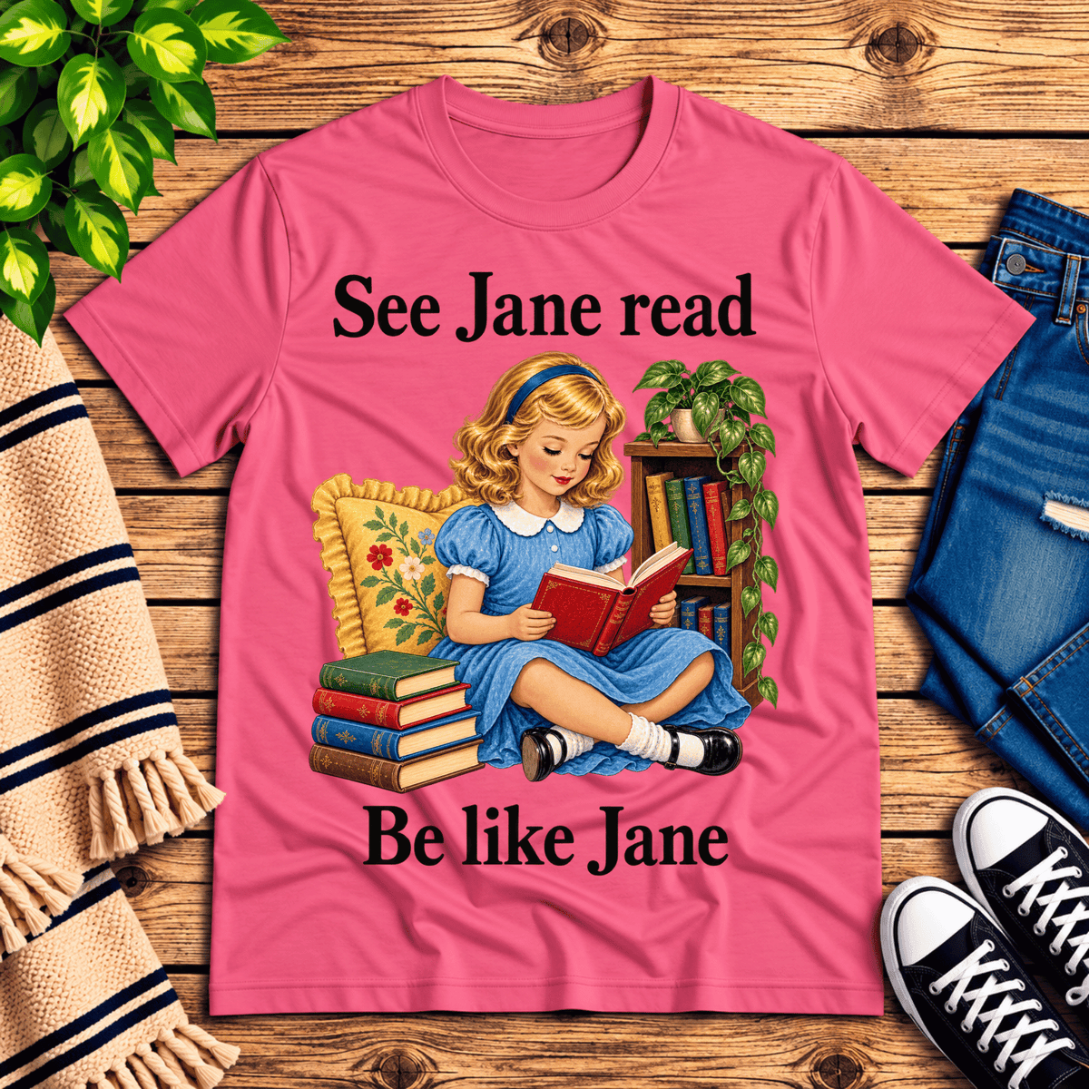 See Jane Read vintage book graphic t-shirt cozy flat lay in charity pink.
