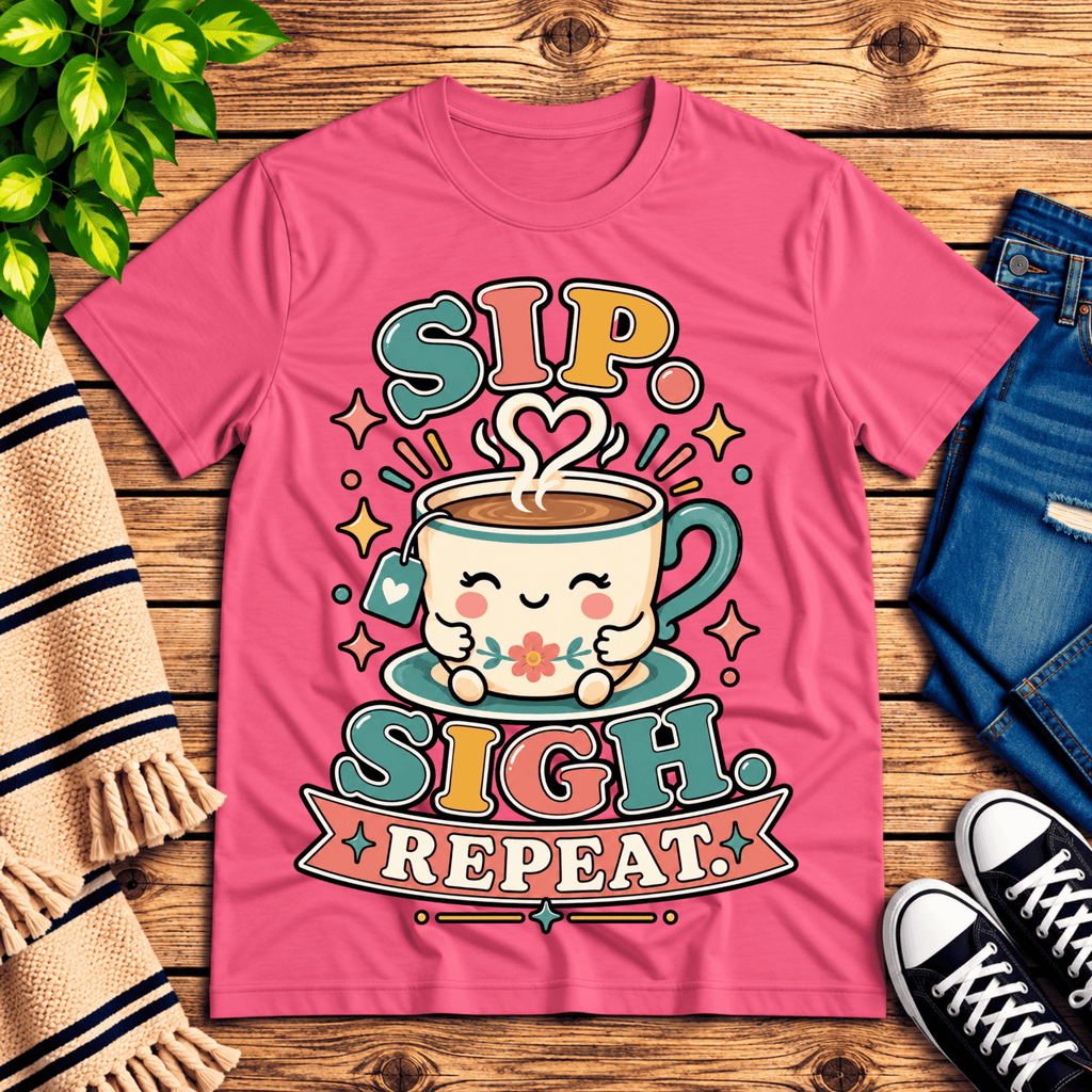 Sip. Sigh. Repeat. coffee graphic t-shirt cozy flat lay in charity pink.