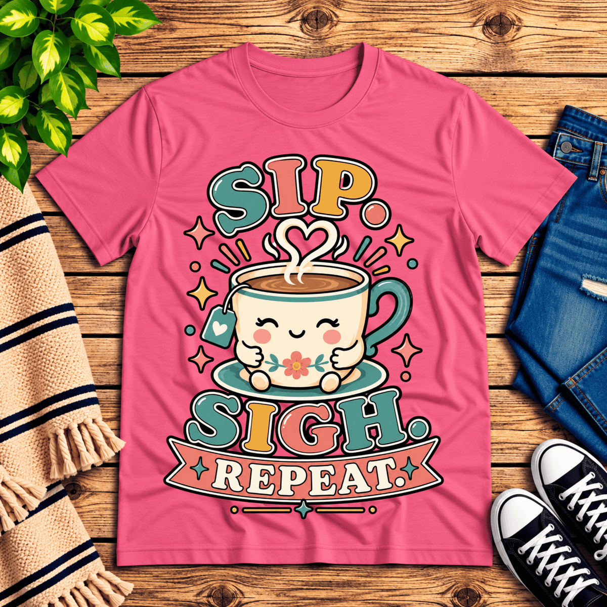 Sip. Sigh. Repeat. coffee graphic t-shirt cozy flat lay in charity pink.